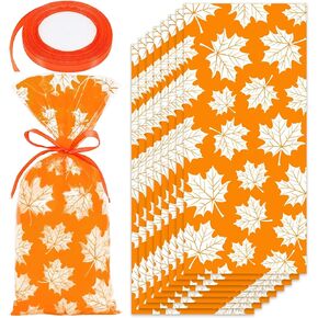 Whaline 160Pcs Fall Cellophane Treat Bags Maple Leaves Orange Gift Goodie Bags with Ribbon for Autumn Thanksgiving Birthday Party Favors Candy Snacks Cookies Packing Supplies, 10.6 x 5.1 Inch