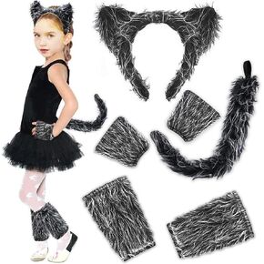 Wolf Costume Set with Wolf Ears Headband Gloves Leg Covers and Tails Halloween Werewolf Grey Wolf Ears Costume Set for Halloween Party Costume Party Cosplay Accessories