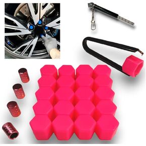 Universal Colored Lug Nut Covers, 4 Color Matched Tire Valve Stem Cap Caps Set. Plus Tire Pressure Gauge Keychain, Extractor Tool, Spare Lug nut Cover. Fits Car, SUV, Truck, RV, UTV (24, Pink, 19)