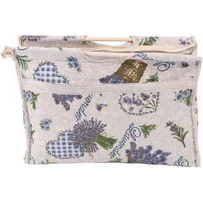 Knitting Needle Storage Bag, Exquisite Wood Handle Woven Fabric Storage Bag Travel Yarn Storage Tote Organizer Yarn Storage Crochet Bag for Knitting Needles Sewing Tools (Blue Flower)