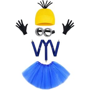 5Pcs Halloween Costume for Adult Women Goggles Glasses/Yellow Beanie Hats/Gloves/Blue Tutu Skirt/Suspenders Accessories Cosplay Party Set