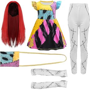 nezababy 5PCS Kids Sally Costume Girls Christmas Sally Dress Wig Bag Tights Gloves Cosplay Accessories for Halloween Party
