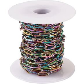 16.4 Feet 304 Stainless Steel Cable Chains Unwelded Vacuum Plating Colorful Flat Oval Twisted Cable Necklace Chain Link with Spool 6.5x3.5x0.8mm for DIY Bracelet Necklace Jewelry Crafts Making