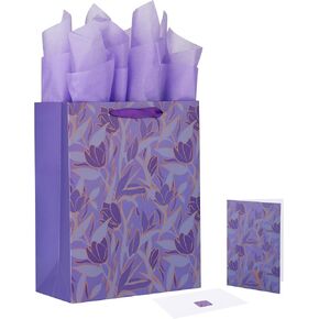 Qirrmiy 13" Large Purple Gift Bag Set with Greeting Card and Tissue Paper (Purple Flowers Design) for Celebrating Birthdays, Mother's Day, Weddings, Anniversaries - 10.2"x5.2"x13", 1 Pcs.