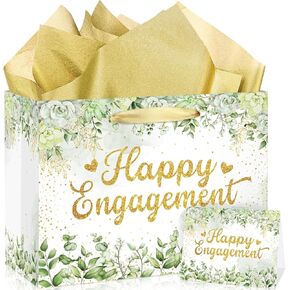 Engagement Party Gift Bags Sage Green Happy Engagement Gift Wrapping Paper Bag with Tissue Paper Card Eucalyptus Christmas Engagement Party Decorations Gift Bags Sage Green Happy Engagement Supplies