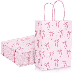 Whaline 24 Pcs Coquette Pink Bow Paper Gift Bags with Handle Cute Bow Knot Goodie Candy Treat Bag for Party Tea Baby Shower Wedding Birthday Christmas Party Favor Wrapping Supplies, 5.9 x 8.3 x 3.1 In