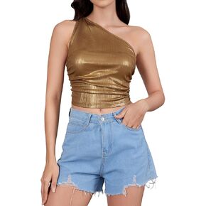 SHENHE Women's Metallic One Shoulder Ruched Sleeveless Sexy Crop Tank Top