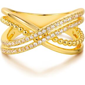Gold Double X Ring for Women Criss Cross Beaded Cubic Zirconia 14K Gold Plated Minimalist Stack Finger Jewelry Size 6-8