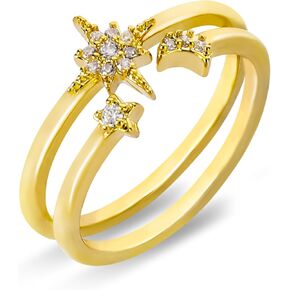 Gold Moon Star Ring Set for Women 14K Gold Plated North Star Ring Open Adjustable Sparkly Cubic Zirconia Stackbale Moon and Star Rings Dainty Statement Ring Summer Trendy Jewelry Gift for Women