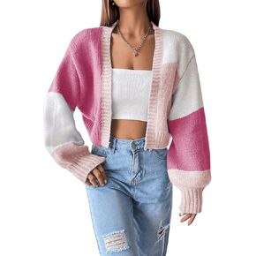 GORGLITTER Women's Colorful Cropped Cardigan Sweater Colorblock Long Sleeve Drop Shoulder Open Front Knit Cardigan