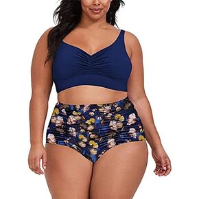 Pink Queen Women's 2 Piece Plus Size High Waisted Bikini Set Ruched Tummy Control Swimwear Swimsuit