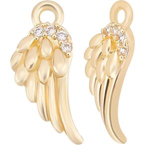 Beebeecraft 1 Box 10Pcs Angel Wing Charms 14K Gold Plated Feathers Charm Pendant with Clear Cubic Zirconia for DIY Bracelet Necklace