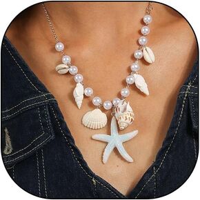 Sea Star Necklace Shell Necklace Choker Faux Pearl Beaded Chain Necklace Bohemia Sea Shell Starfish Collar Necklace Pendant Conch Necklace Summer Beach Day Jewelry