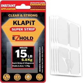 مربعات شريط تثبيت KLAPiT Super Strip EZHold - 1 بوصة × 1 بوصة، مقطوعة مسبقًا، شديدة التحمل، مزدوجة الجوانب، شفافة ومقاومة للماء - تحمل ما يصل إلى 15 رطلاً - التصاق فوري، بدون بقايا، مثالية للمنزل والمكتب، 16 قطعة