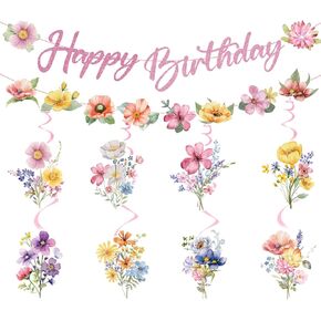 Wildflower Happy Birthday Decorations - 10 Pcs Birthday Party Decorations for Girls Glitter Banner Garland Floral Hanging Swirls Decor Flower Decoration for Women Party Supplies
