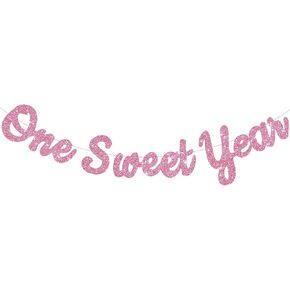 BEISHIDA Pink Glitter Sweet 1 Year Banner(Pre-Strung), First Birthday Anniversary Party Decorations Supplies for Boys Girls, Sweet Bunting Sign,1st Bday Baby Shower Hanging banner