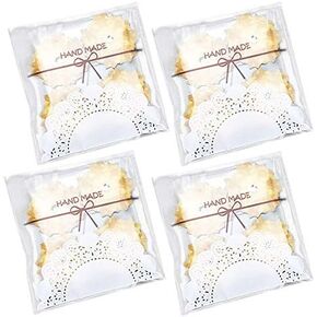 200pcs 5.5x5.5in Lovely Lace Bowknot Clear Biscuit Roasting Treat Present DIY Plastic Candy Individual Wrappers Self Adhesive OPP Cookie Bakery Decorating Favor Bags