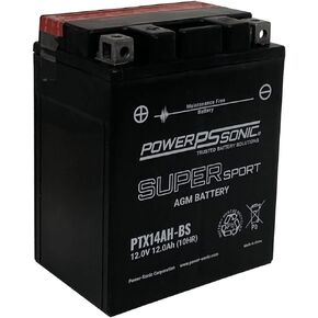 Power-Sonic (PTX14AH-BS) 12 Volt, 12 Ah at 10HR, 210 CCA at 0 Degree F, Powersport, motorcycle, atv, utv, dirt bike