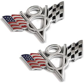PTDecals 2 Pcs Silver Metal US Flag F1 Racing V8 Symbol Emblem Sticker Badge Vehicle Auto Car Trunk Tailgate Boot Bumper Decocation Decal
