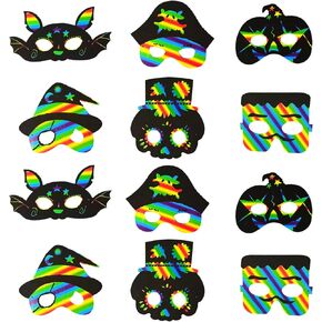 24 Pieces Halloween Rainbow Scratch Paper Mask, Halloween Magic Rainbow Scratch Paper Off Cards for Kids, Halloween Scratch Crafts Kit, Halloween Party Favors