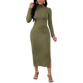 HipGlamp Long Sleeve Turtleneck Dress Fall 2024 - Women's Sexy Bodycon Slit Pencil Dress Curvy Club Cocktail Party Dresses