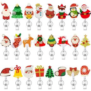 Honoson 24 Pieces Christmas Badge Reel Felt Badge Holder Nurse Reel Retractable Cute Santa Claus Snowman Penguin Elk Badge Pull Construction for Xmas Teacher Doctor Women Men Office Stocking Stuffer