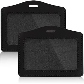 2 Pcs Genuine Leather ID Badge Holder Vertical Double-Side Clear Card Holder Waterproof Name Badge Holder for Office, Staff, Students, Employees(Black&Black)