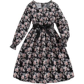 Floerns Girl's Floral Print Long Flounce Sleeve Belted Ruffle Hem A Line Dresses