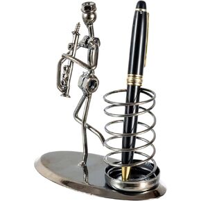 MyGift Novelty Pen Holder - Gunmetal Nuts and Bolts Stick Figure Musician with Metal Wire Spring, Musical Jazz Clarinet Office Desk Pencil Cup for Signature Pens