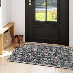 Lahome Moroccan Trellis Rugs for Entryway,2x4 Kitchen Rugs Non-Slip Vintage Small Rugs, Ultra-Thin Washable Indoor Door Mat Distressed Carpet for Bathroom Kitchen Bedroom(2x4ft,Black/Multi) in Kuwait