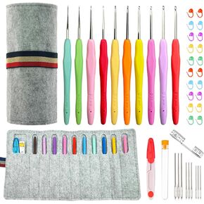 0.5mm-2.75mm Small Crochet Hooks Set with Grey Felt Bag,Ergonomic Soft Handle Crochet Hooks for Arthritic Hands,Complete Crochet Needles Set for Crochet Lovers