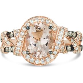 LE VIAN 14K Rose Gold, Oval Morganite & 1/2 Cttw White/Chocolate Diamond Ribbons Fashion Ring (G-H & Fancy Brown Color, VS2-SI2 Clarity) - Size 7