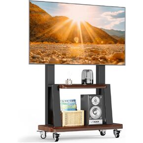 Mobile TV Stand,Rolling TVs Cart on Wheels Height Adjustable Heavy-Duty Floor Stand with Steel Shelf Base for 32-75 Inch LCD LED OLED Flat Panel Screens Smartboard Movable Holds up to 110lbs (Black)