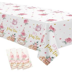 مفرش طاولة ديكورات حفلات الشاي - غطاء طاولة من لوازم حفلات الشاي وأعياد الميلاد للاستعمال مرة واحدة، غطاء طاولة إبريق شاي حديقة الأزهار وأكواب الشاي ذات طابع الشاي لتزيين أعياد الميلاد - 3 عبوات (54 بوصة × 108 بوصة) in Kuwait