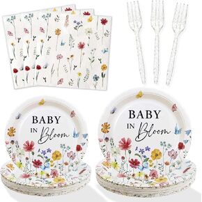 Wildflower Baby in Bloom Baby Shower Decorations Plates Set 25 Guests, 100pcs Floral Paper Plates Napkins Forks for Girls Wild Flower Spring Baby Shower Decorations