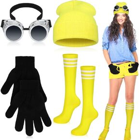 Janmercy 4 Pcs Halloween Costume for Adult Women Includes Vintage Steampunk Goggles Yellow Beanie Hat Black Gloves Yellow Stripes Knee Tube Socks for Halloween Cosplay Accessories