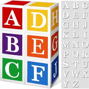 ReliThick 6 Pcs Custom Letter Toy Inspire Party Boxes with 52 Pcs Letter Cutouts 11.8 x 11.8 Inch Colorful Balloon Box Personalized Big Party Favor Box for Birthday Party Decoration(Classic Color)