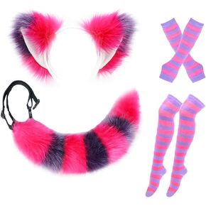 Furry Striped Fox Cat Wolf Ear and Tail Set, Faux Fur Animal Headnbad Halloween Costume Women