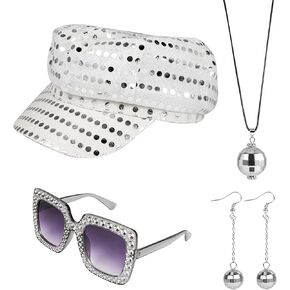 4 PCS 1970s Disco Accessories,70s Disco Costume Accessories Set with Sequin Hat Silver Earrings Sunglasses Necklace Disco Fancy Dress Kit for Women Retro 70 80 Theme Party Party Birthday Dance