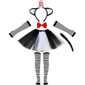 8 Pcs Cat in The Hat Costume Accessory Kit - Cat Ears Top Hat Headband Tutu Skirt Bowtie Cat Tail Socks Gloves