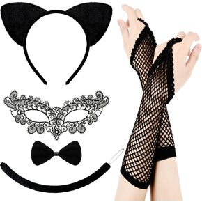 Sumind 5 Pieces Black Cat Costume Set Include Glitter Cat Ears Headband, Cat Tail, Bow Tie, Fishnet Gloves, Lace Masquerade Mask for Women Halloween Cosplay Accessory
