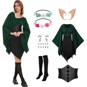 6Pcs Women Elf Costume Traditional Irish Fairy Dress Elf Accessories Set Halloween Medieval Cosplay Costume