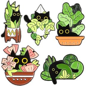 WLLHYF Enamel Pins Set, 5 Pcs Cute Plants Black Cat Pins Kawaii Creative Animal Enamel Brooch Pins DIY Accessories Decor for Backpacks Jackets Jeans