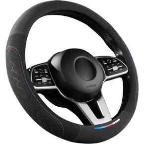 Suede Steering Wheel Cover, Universal 15-Inch Size, Breathable and Anti-Slip, Premium Car Interior Accessory for Men and Women, Fits Most Cars, Trucks and SUV (Black-Grey)