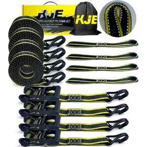 KJE Reflective Ratchet Straps, (4) 1.5" x 15' Tie Down Strap Sets + (4) Soft Loops, TPR Handles & Coated J Hook W/Safety Clip, 6,000lb Break Strength, Cargo Strap for Car, Motorcycle, ATV