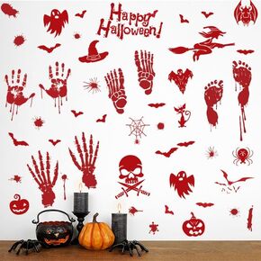 ديكورات الهالوين 54 قطعة من ملصقات نوافذ الهالوين، 4 أوراق بصمة يد دموية، ملصقات جدارية على الأرض، ملصقات جدارية لنافذة الهالوين على الوجهين in Kuwait