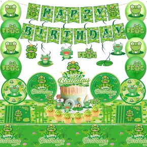 Frog Birthday Party Supplies, Frog Theme Decorations & Tableware Set, Include Banner,Hanging Swirl,Balloons,Cupcake Toppers,Plates,Fork,Napkins,and More,for Frog Theme Kids Birthday Party Gift