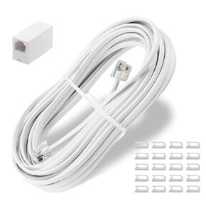 Uvital Phone Extension Cord 33 Ft, Telephone Cable with Standard RJ11 Plug and 1 in-Line Couplers and 20 Cable Clip Holders, White