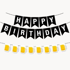 Beer Birthday Banner Beer Mug Pennant Banner Black Birthday Banner with Beer Mugs Happy Birthday Decorations for Men Women Happy Birthday Banner