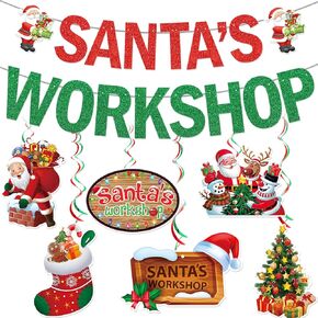 Santas Workshop Banner Santas Workshop Decorations Christmas Banner with Christmas Hanging Decorations for Happy Holidays Decorations Funny Christmas Decorations Merry Friendsmas Decorations